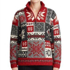 Ralph Lauren Vintage Hand knit Wool Patchwork Snowflake Fair Isle Sweater Large